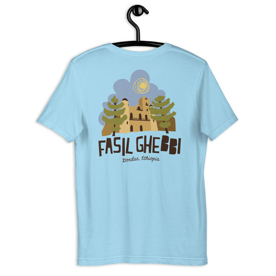 Fasil Ghebbi - Gondar, Ethiopia Unisex t-shirt Backside Design