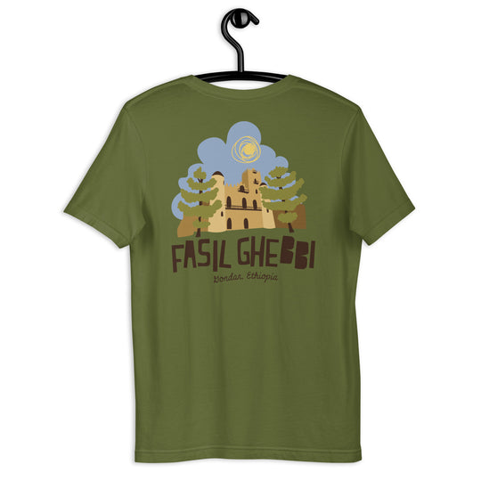 Fasil Ghebbi - Gondar, Ethiopia Unisex t-shirt Backside Design