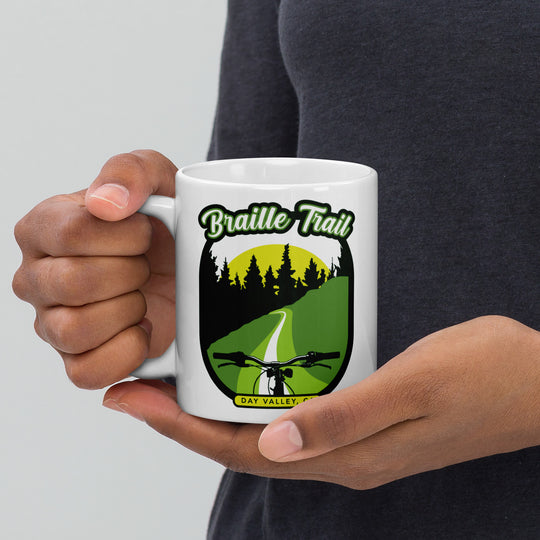 Braille Trail - Day Valley, CA White glossy mug