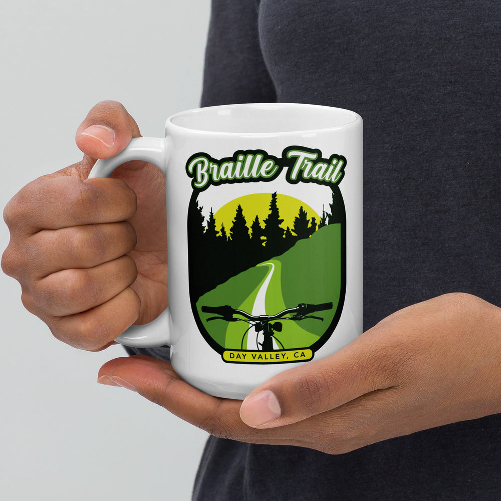 Braille Trail - Day Valley, CA White glossy mug